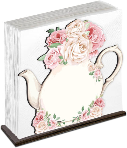 Teapot Wooden Napkin Holder, Pink Rose Floral Teapot Tissue Dispenser, Rustic Tea Party Decor for Table Kitchen Dining Room Home