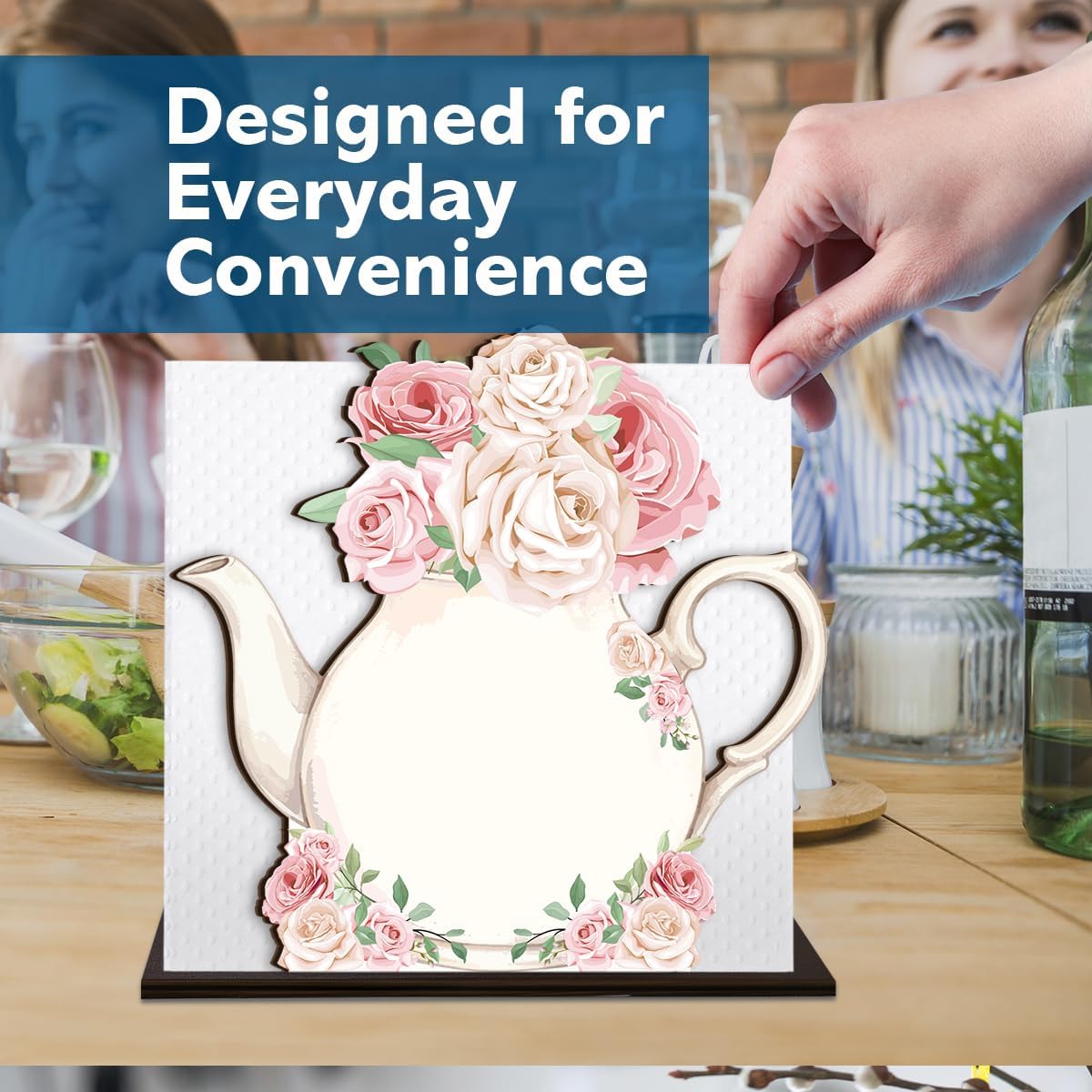 Teapot Wooden Napkin Holder, Pink Rose Floral Teapot Tissue Dispenser, Rustic Tea Party Decor for Table Kitchen Dining Room Home