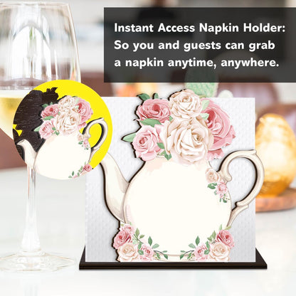 Teapot Wooden Napkin Holder, Pink Rose Floral Teapot Tissue Dispenser, Rustic Tea Party Decor for Table Kitchen Dining Room Home