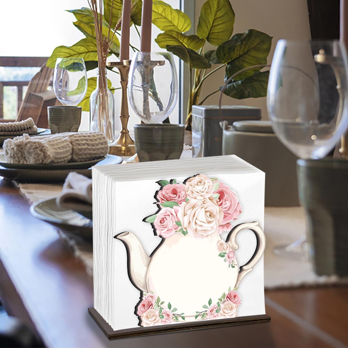 Teapot Wooden Napkin Holder, Pink Rose Floral Teapot Tissue Dispenser, Rustic Tea Party Decor for Table Kitchen Dining Room Home