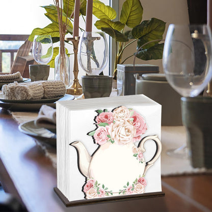 Teapot Wooden Napkin Holder, Pink Rose Floral Teapot Tissue Dispenser, Rustic Tea Party Decor for Table Kitchen Dining Room Home