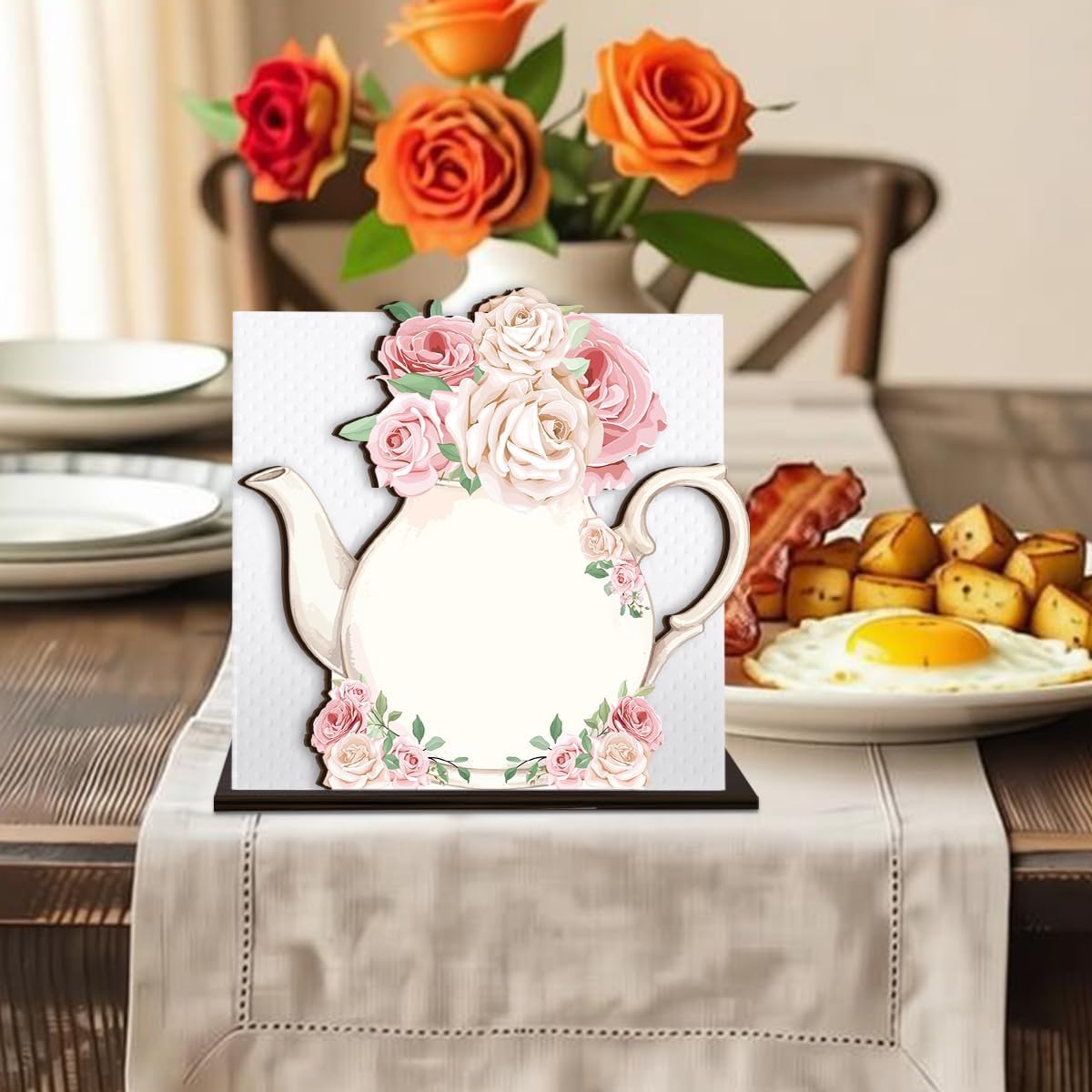 Teapot Wooden Napkin Holder, Pink Rose Floral Teapot Tissue Dispenser, Rustic Tea Party Decor for Table Kitchen Dining Room Home
