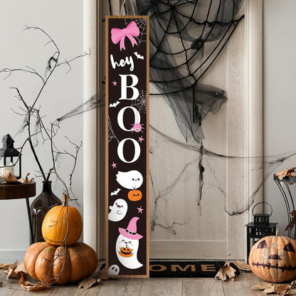 Halloween Porch Sign Pink Bow Halloween Welcome Sign Boo Wooden Rustic Tall Front Porch Decor for Standing Outdoor Farmhouse Garden Decorations, 47 x 8 Inch