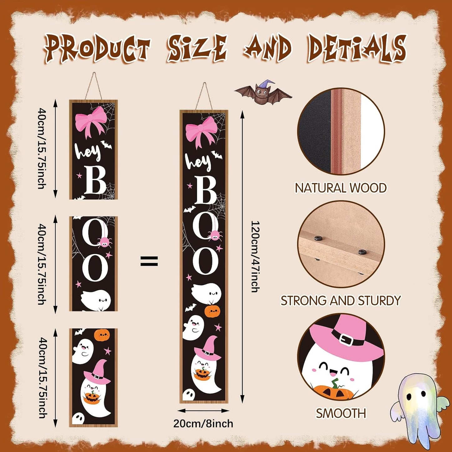 Halloween Porch Sign Pink Bow Halloween Welcome Sign Boo Wooden Rustic Tall Front Porch Decor for Standing Outdoor Farmhouse Garden Decorations, 47 x 8 Inch