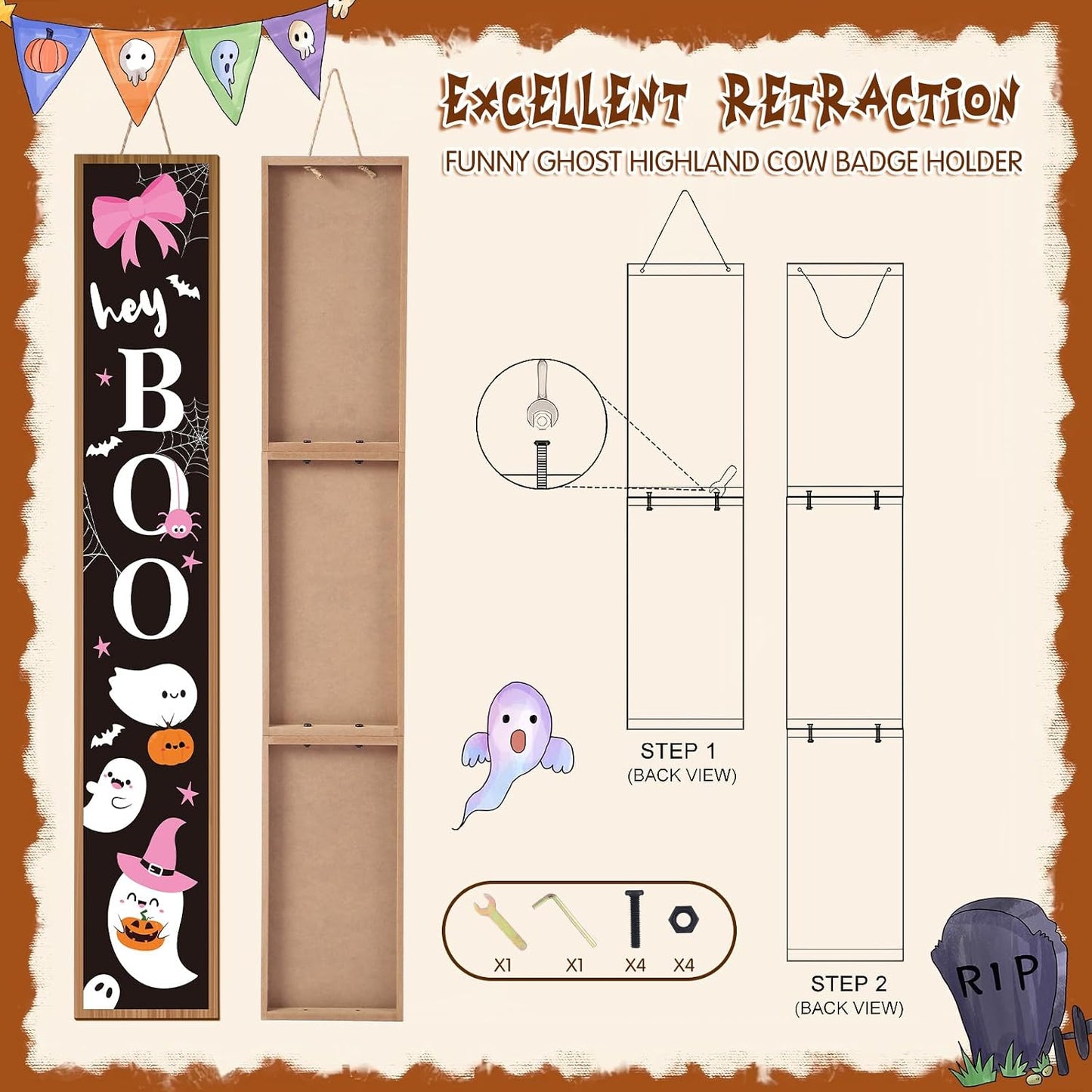 Halloween Porch Sign Pink Bow Halloween Welcome Sign Boo Wooden Rustic Tall Front Porch Decor for Standing Outdoor Farmhouse Garden Decorations, 47 x 8 Inch