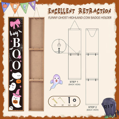 Halloween Porch Sign Pink Bow Halloween Welcome Sign Boo Wooden Rustic Tall Front Porch Decor for Standing Outdoor Farmhouse Garden Decorations, 47 x 8 Inch