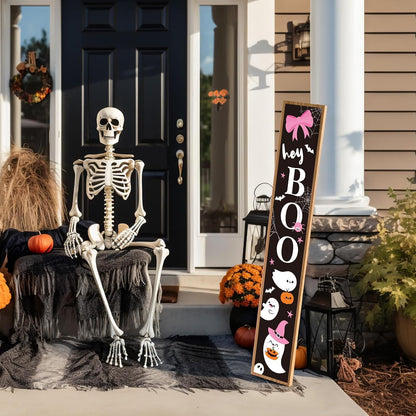 Halloween Porch Sign Pink Bow Halloween Welcome Sign Boo Wooden Rustic Tall Front Porch Decor for Standing Outdoor Farmhouse Garden Decorations, 47 x 8 Inch