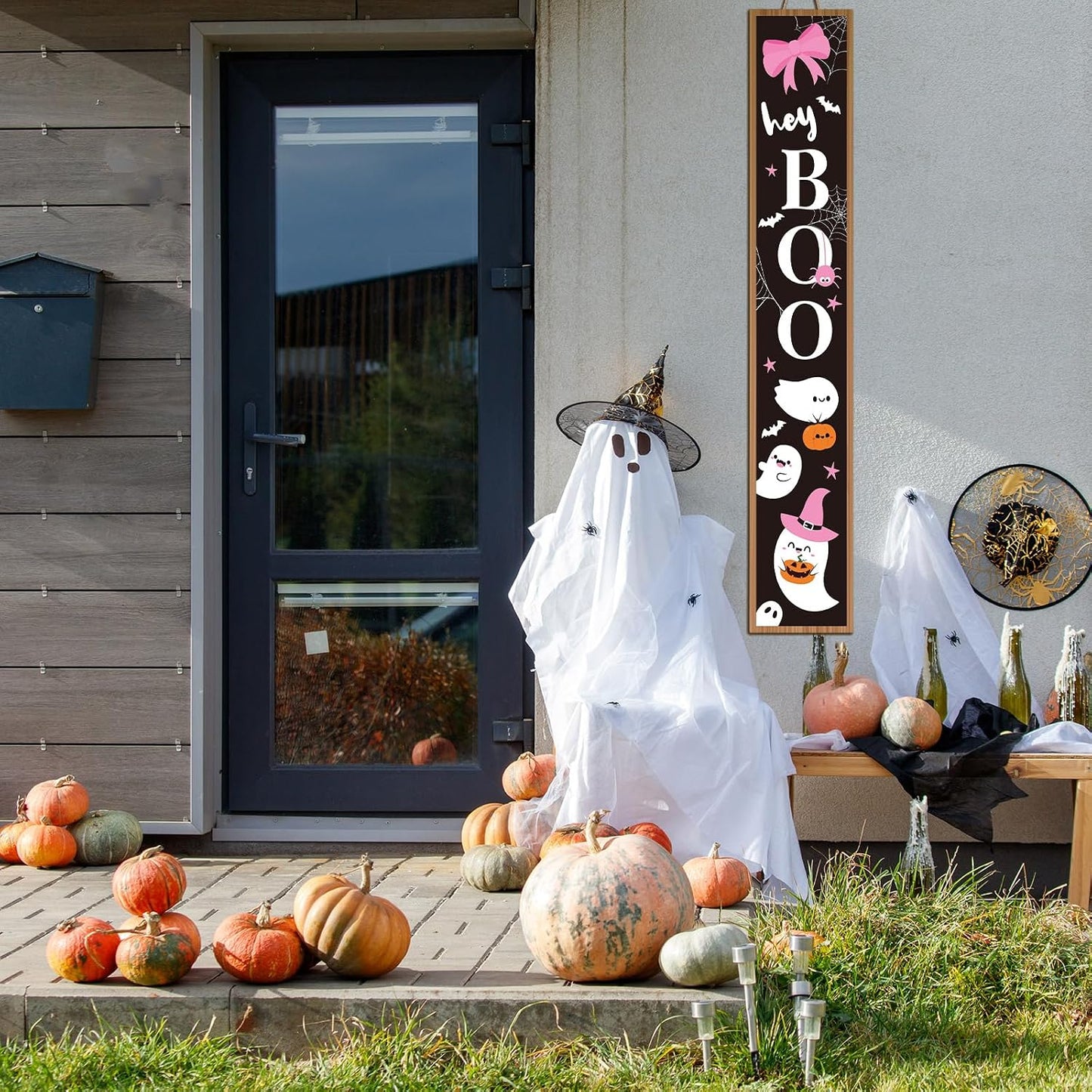 Halloween Porch Sign Pink Bow Halloween Welcome Sign Boo Wooden Rustic Tall Front Porch Decor for Standing Outdoor Farmhouse Garden Decorations, 47 x 8 Inch