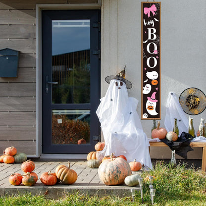 Halloween Porch Sign Pink Bow Halloween Welcome Sign Boo Wooden Rustic Tall Front Porch Decor for Standing Outdoor Farmhouse Garden Decorations, 47 x 8 Inch