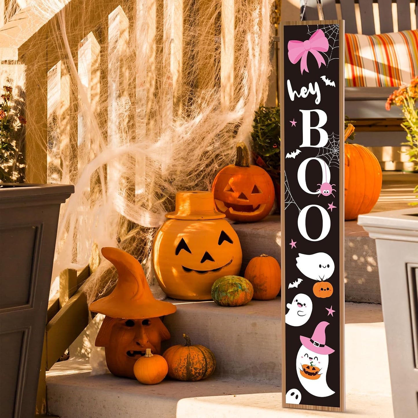 Halloween Porch Sign Pink Bow Halloween Welcome Sign Boo Wooden Rustic Tall Front Porch Decor for Standing Outdoor Farmhouse Garden Decorations, 47 x 8 Inch