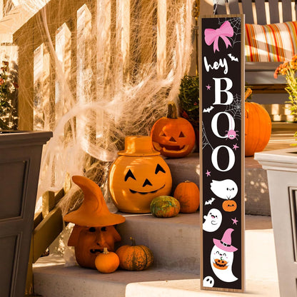 Halloween Porch Sign Pink Bow Halloween Welcome Sign Boo Wooden Rustic Tall Front Porch Decor for Standing Outdoor Farmhouse Garden Decorations, 47 x 8 Inch