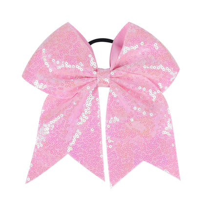 Women Girls Kids Teens Sequins Hair Bows Elastic Hair Tie Ribbon Large Cheer Bow Ponytail Holder Hair Band (Light Pink)