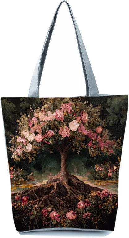 Mystical Rose Tree Tote Bag Pink Peach Roses with Tree of Life Print Handbag Zipper Closure Shoulder Bag for Fantasy Lovers Gifts Birthday Present Casual Everyday Tote
