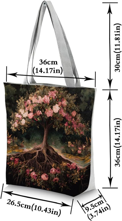 Mystical Rose Tree Tote Bag Pink Peach Roses with Tree of Life Print Handbag Zipper Closure Shoulder Bag for Fantasy Lovers Gifts Birthday Present Casual Everyday Tote