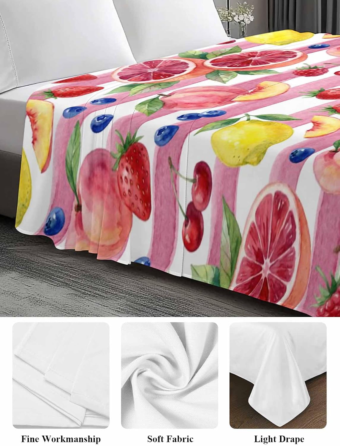 Twin Flat Sheet Only Bed Sheets Summer Peach Lemon Grapefruit Microfiber Breathable Bedding Flat Sheet, Blueberry Strawberry Pink Stripe Soft Top Sheets for Bedroom Living Room Sofa