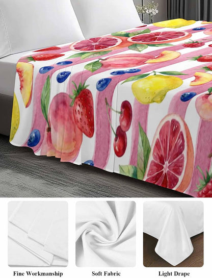 Twin Flat Sheet Only Bed Sheets Summer Peach Lemon Grapefruit Microfiber Breathable Bedding Flat Sheet, Blueberry Strawberry Pink Stripe Soft Top Sheets for Bedroom Living Room Sofa