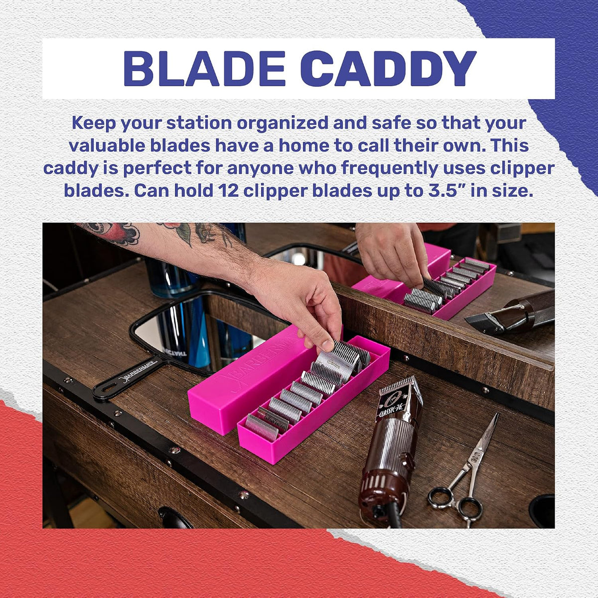12-Slot Clipper-Blade Caddy, Grooming and Barber Blade Organizer, Professional Barber Supplies, Barber Case and Stylist Station Accessories, (Pink)