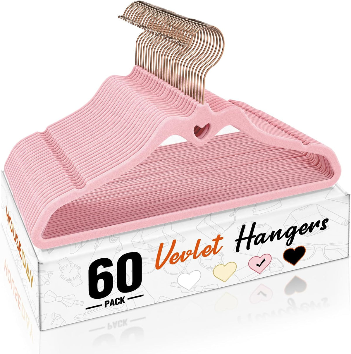 Pink Velvet Hangers 60 Pack, Non Slip Flocked Felt Hangers, Sturdy Velvet Clothes Hanger, Cute Heart Heavy Duty Coat Hanger, Ultra Slim Pink for Closet Space Saving