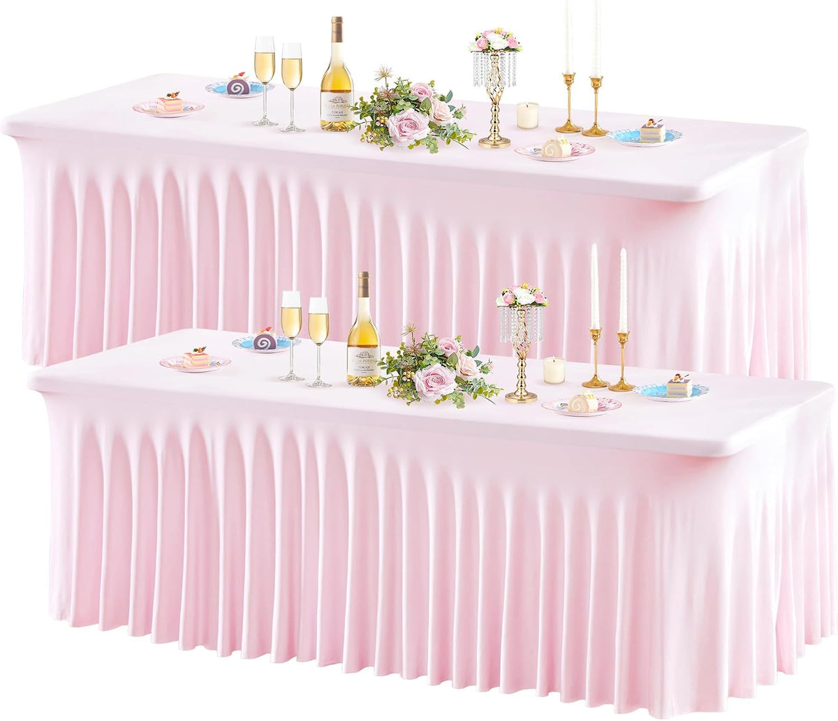 2 Pack Pink Spandex Table Clothes for 6 Foot Rectangle Tables, 6FT Wrinkle Free Fitted Tablecloths Ruffles Design Table Cover for Party, Banquet, Wedding and Events