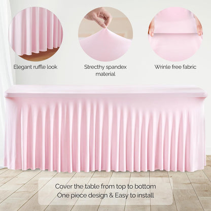 2 Pack Pink Spandex Table Clothes for 6 Foot Rectangle Tables, 6FT Wrinkle Free Fitted Tablecloths Ruffles Design Table Cover for Party, Banquet, Wedding and Events