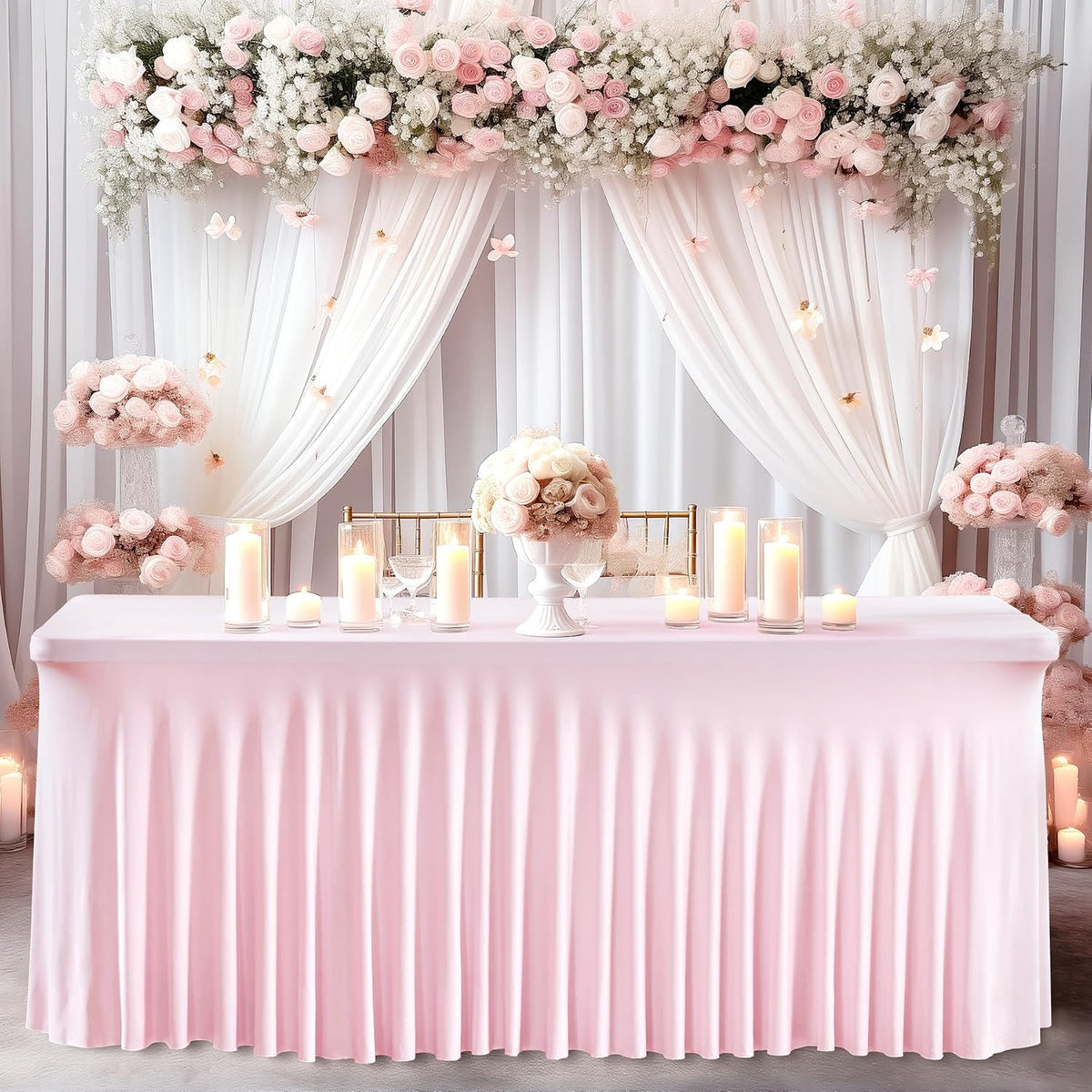 2 Pack Pink Spandex Table Clothes for 6 Foot Rectangle Tables, 6FT Wrinkle Free Fitted Tablecloths Ruffles Design Table Cover for Party, Banquet, Wedding and Events