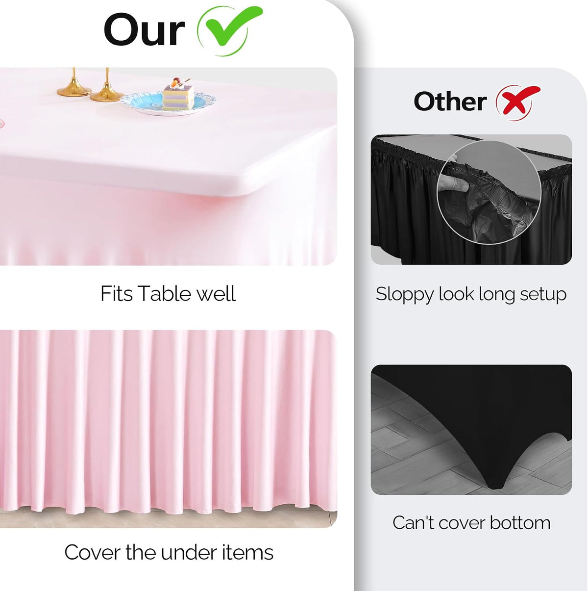 2 Pack Pink Spandex Table Clothes for 6 Foot Rectangle Tables, 6FT Wrinkle Free Fitted Tablecloths Ruffles Design Table Cover for Party, Banquet, Wedding and Events