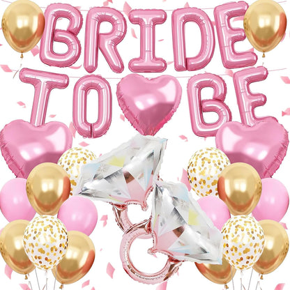 Pensar 30Pcs Bachelorette Party Decorations, Bride-to-Be Banner Balloon, Pink Gold and Confetti Balloons with Diamond Ring Pink Heart Balloons for Bridal Shower Decorations