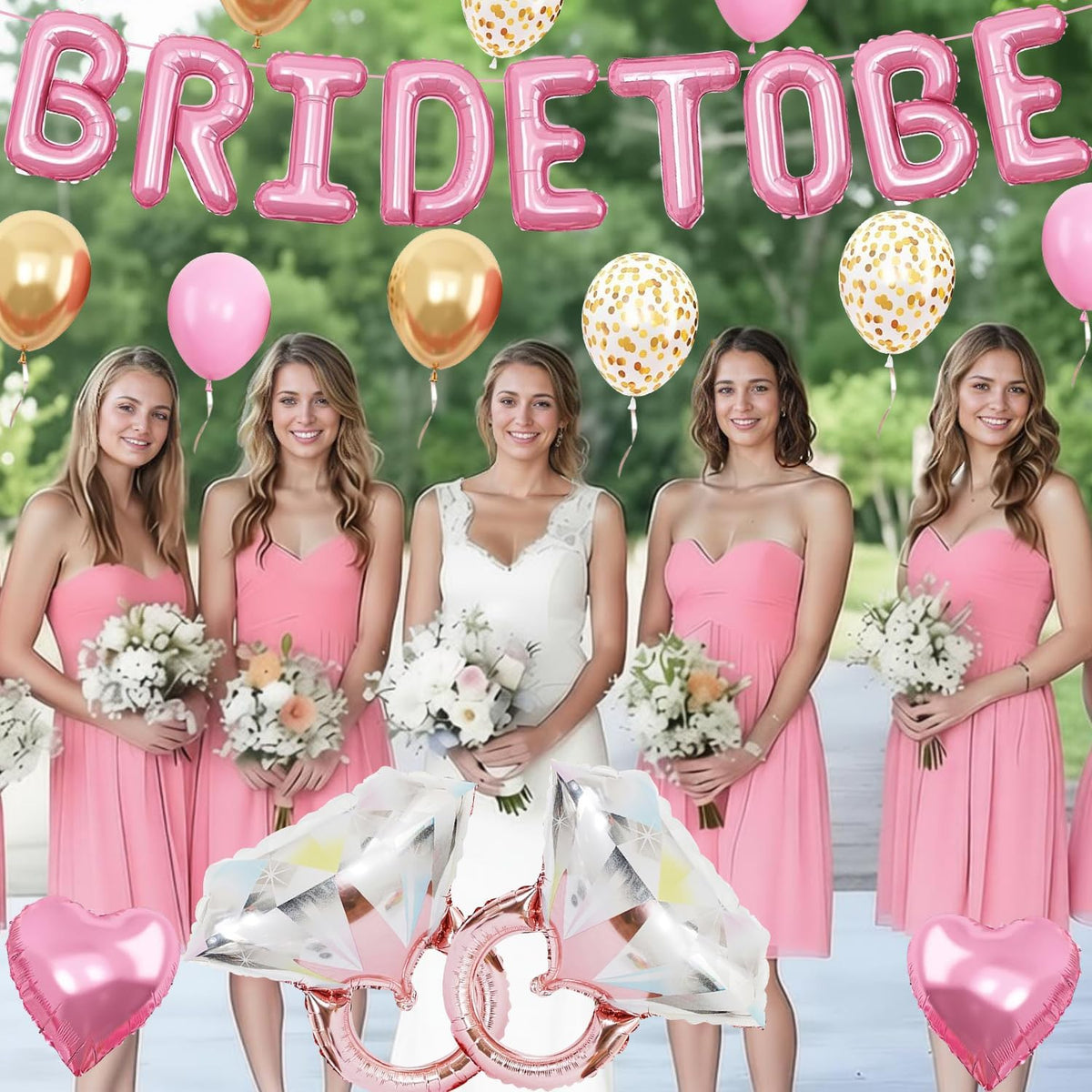 Pensar 30Pcs Bachelorette Party Decorations, Bride-to-Be Banner Balloon, Pink Gold and Confetti Balloons with Diamond Ring Pink Heart Balloons for Bridal Shower Decorations