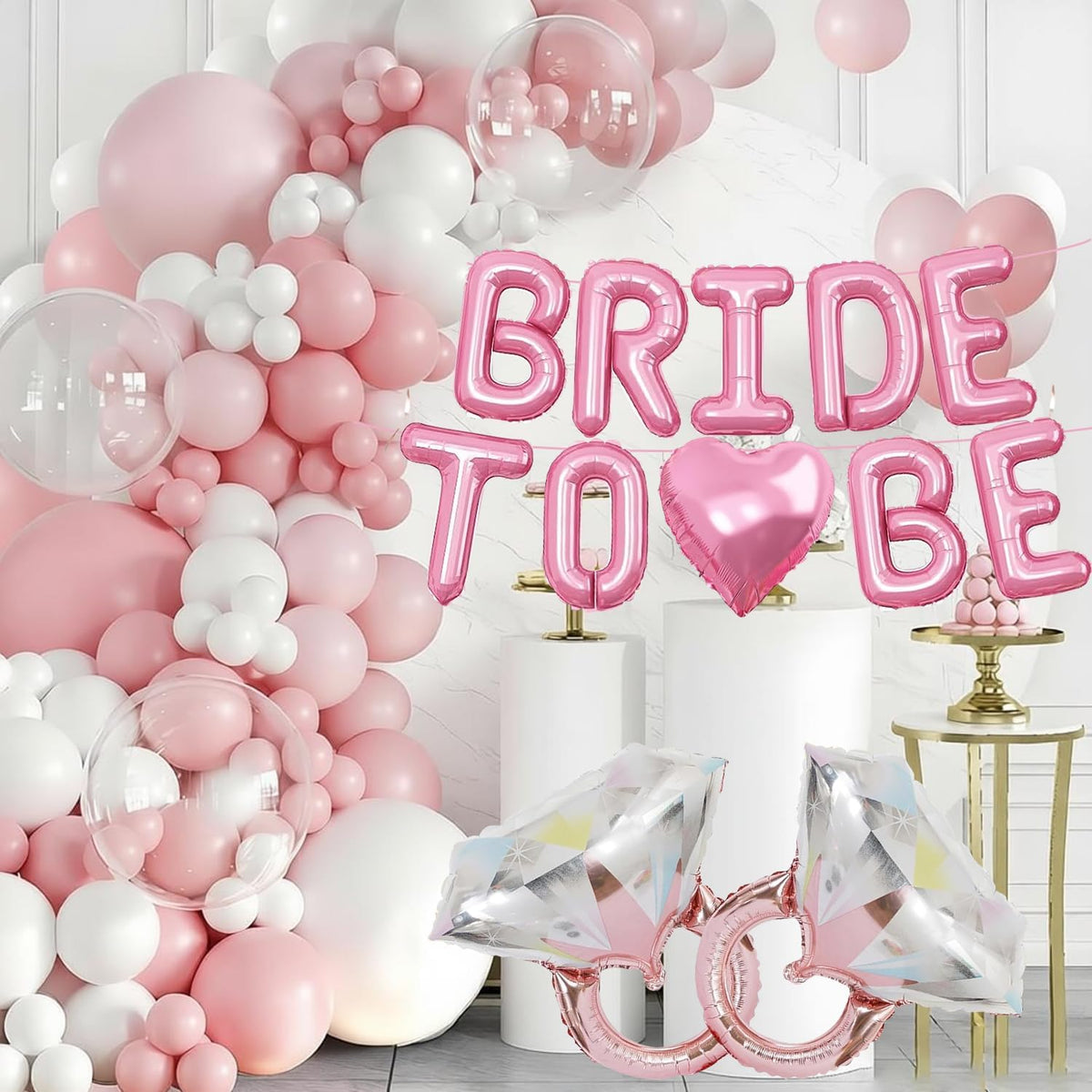 Pensar 30Pcs Bachelorette Party Decorations, Bride-to-Be Banner Balloon, Pink Gold and Confetti Balloons with Diamond Ring Pink Heart Balloons for Bridal Shower Decorations