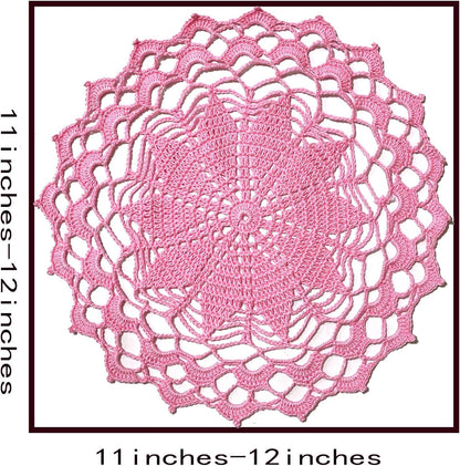 12 Inch Lace Crochet Doilies Table Placemat Washable Kitchen Round Leaves Decor Doily (1, Pink)