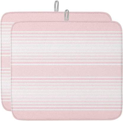 Pink Stripes Dish Drying Mat 2 Pack, Minimalist Stripe Modern Gradient Industrial Absorbent Heat Insulating Kitchen Drying Pad Drainer Mats for Sink Counter Pot Dishes 16 X 18 Inch
