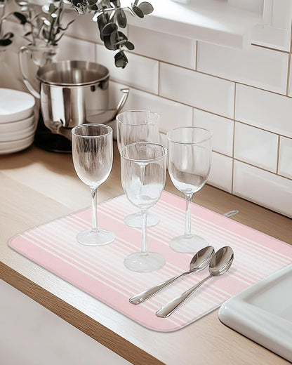 Pink Stripes Dish Drying Mat 2 Pack, Minimalist Stripe Modern Gradient Industrial Absorbent Heat Insulating Kitchen Drying Pad Drainer Mats for Sink Counter Pot Dishes 16 X 18 Inch