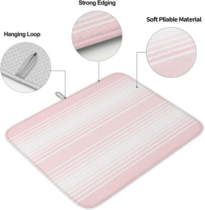 Pink Stripes Dish Drying Mat 2 Pack, Minimalist Stripe Modern Gradient Industrial Absorbent Heat Insulating Kitchen Drying Pad Drainer Mats for Sink Counter Pot Dishes 16 X 18 Inch