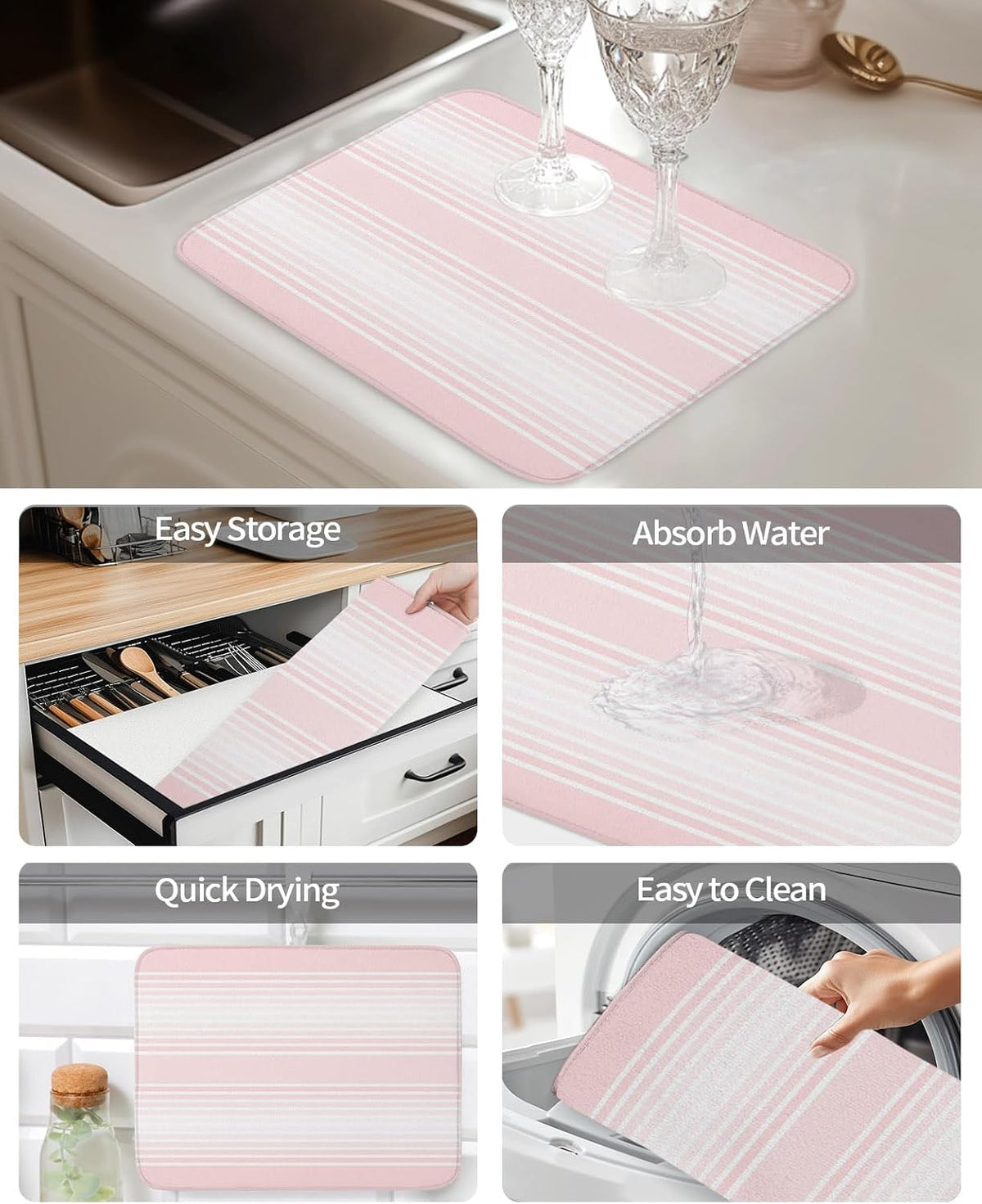 Pink Stripes Dish Drying Mat 2 Pack, Minimalist Stripe Modern Gradient Industrial Absorbent Heat Insulating Kitchen Drying Pad Drainer Mats for Sink Counter Pot Dishes 16 X 18 Inch