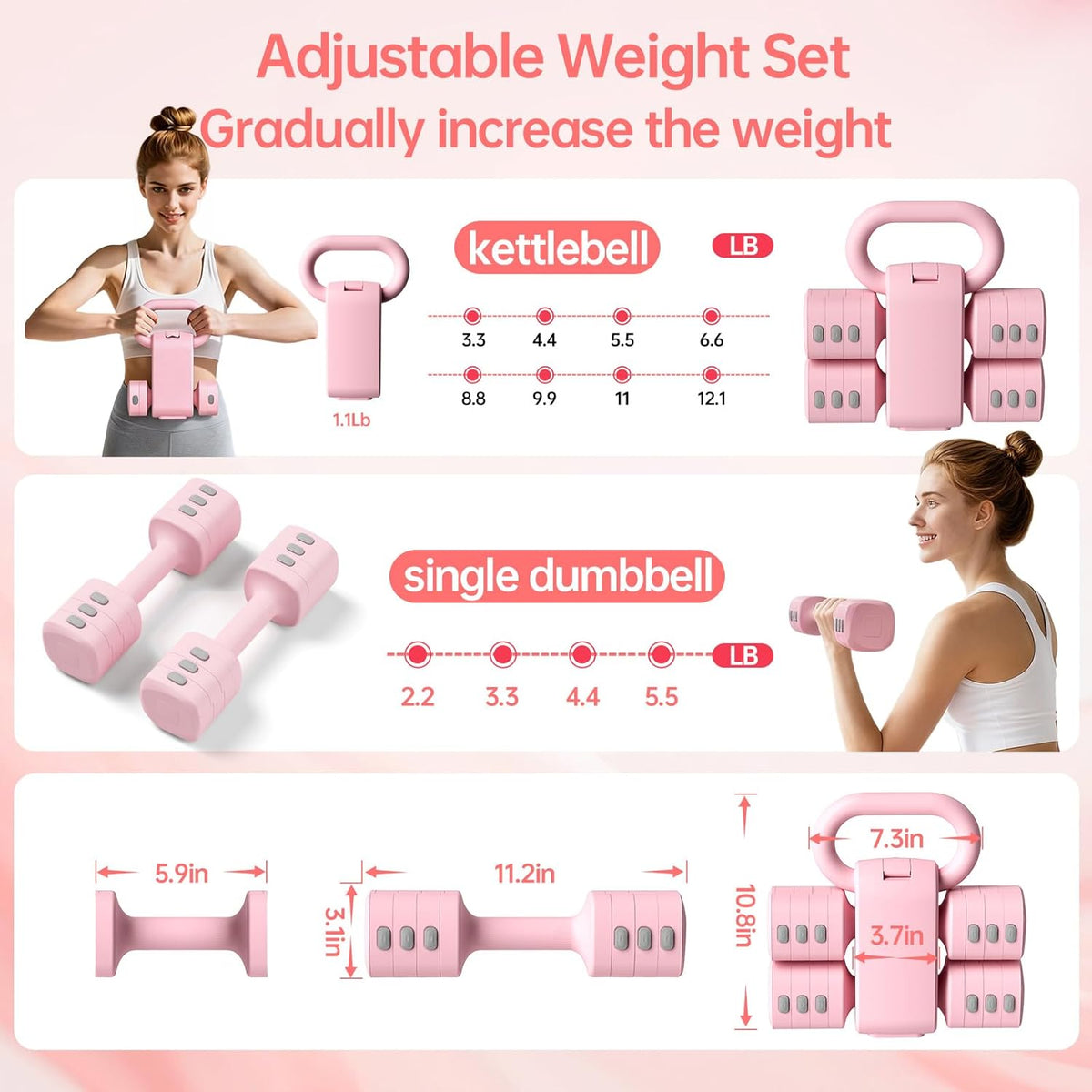Adjustable Kettlebell Set, 4-in-1 Free Weight Kettlebell sets (5.5lbs 7.7lbs 9.9lbs 12.1lbs) for women, Hand Weight Dumbbell Set of 2 for Home Gym Fitness Training