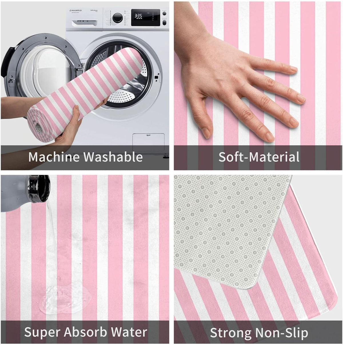 Soft Pink and White Stripes Bath Mats for Bathroom Non Slip, Fluffy Absorbent Microfiber Bath Mat Washable, Aesthetic Bathroom Rugs, Bath Mat for Shower Sink 16x24 Inch