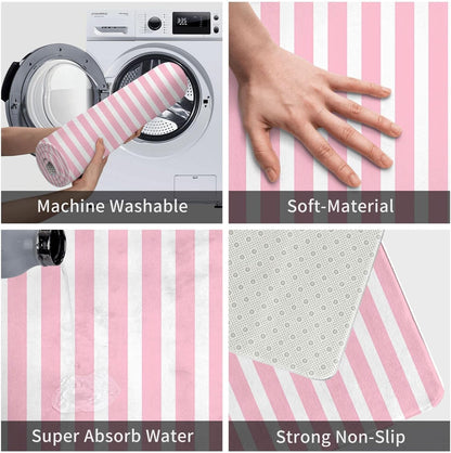 Soft Pink and White Stripes Bath Mats for Bathroom Non Slip, Fluffy Absorbent Microfiber Bath Mat Washable, Aesthetic Bathroom Rugs, Bath Mat for Shower Sink 16x24 Inch
