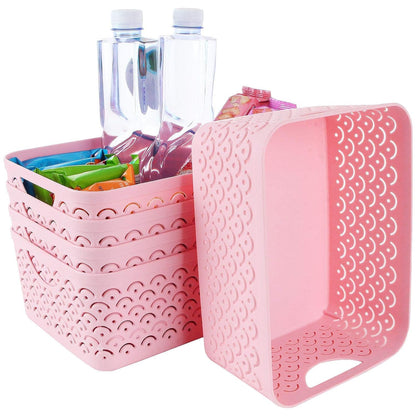 5 Pack Plastic Storage Baskets, Portable Pink Fish Scale Pattern Hollow Desktop Storage Bin Box with Handle for Kitchen, Bathroom, Kids Room or Nursery Storage – 9.4 x 7.1 x 4.1 inches