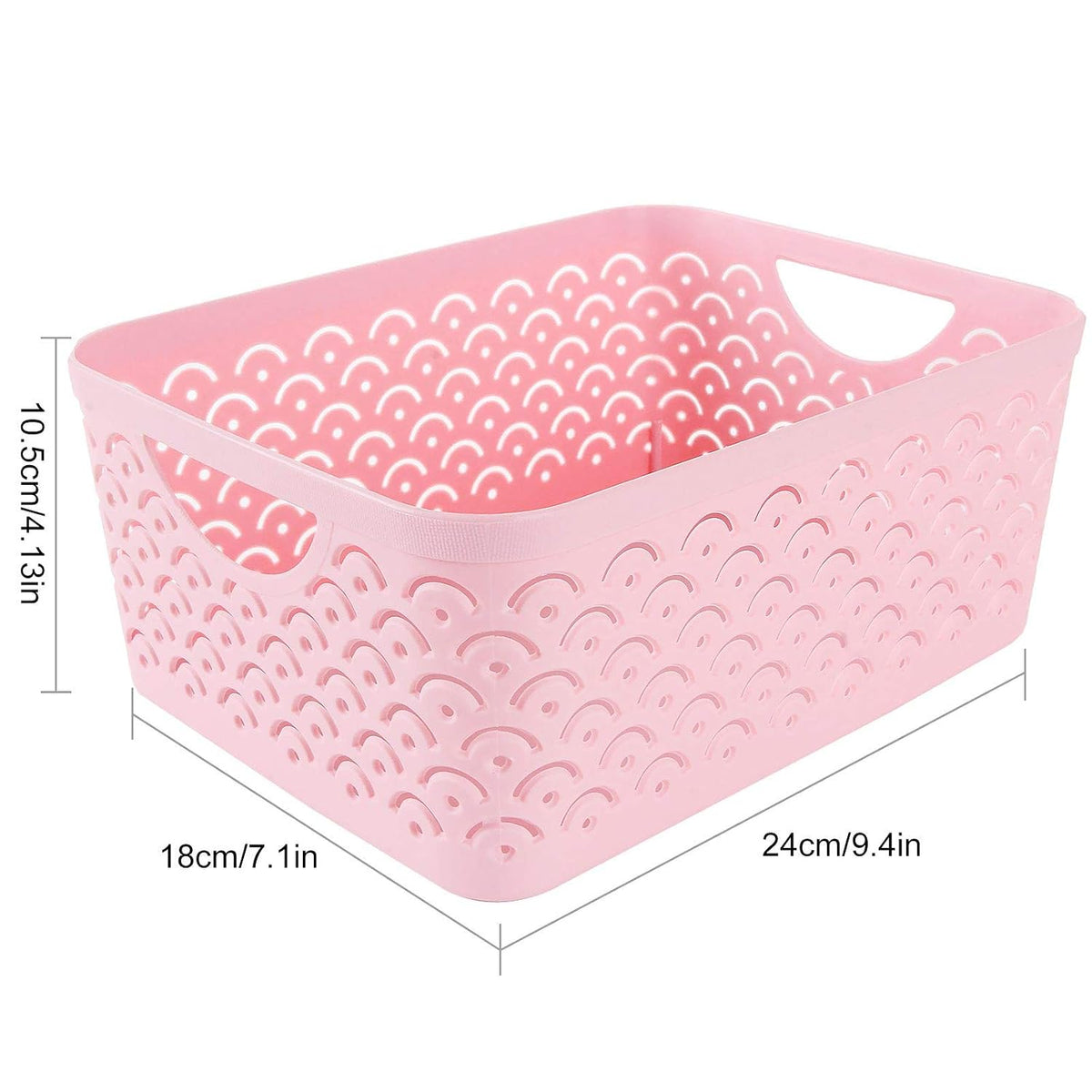 5 Pack Plastic Storage Baskets, Portable Pink Fish Scale Pattern Hollow Desktop Storage Bin Box with Handle for Kitchen, Bathroom, Kids Room or Nursery Storage – 9.4 x 7.1 x 4.1 inches