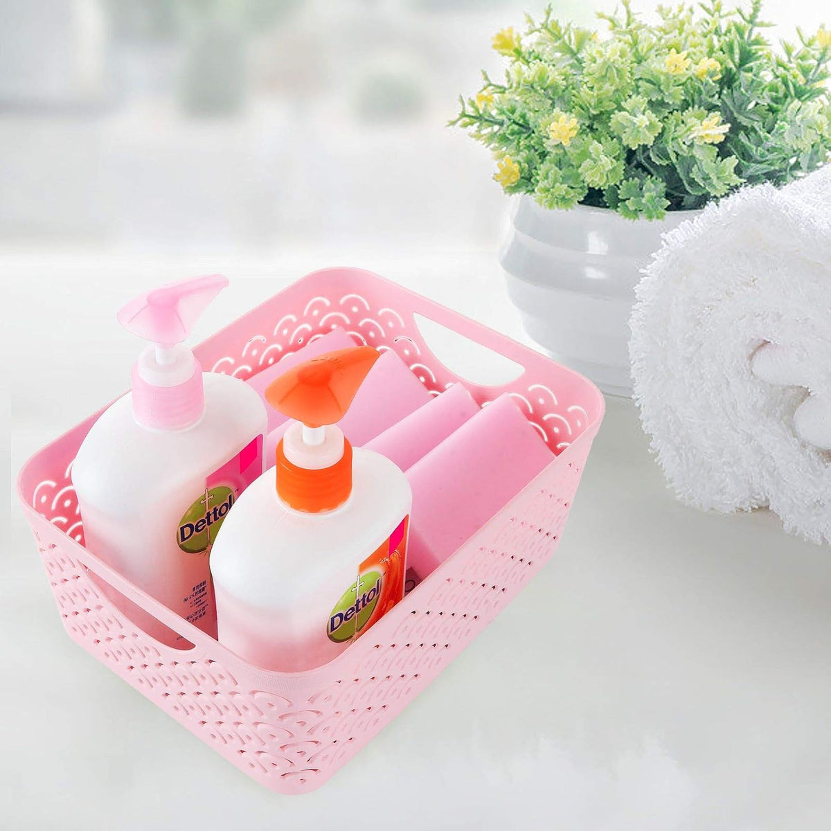 5 Pack Plastic Storage Baskets, Portable Pink Fish Scale Pattern Hollow Desktop Storage Bin Box with Handle for Kitchen, Bathroom, Kids Room or Nursery Storage – 9.4 x 7.1 x 4.1 inches