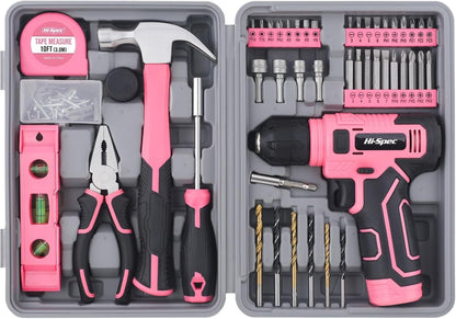 Hi-Spec 8V Cordless Drill Set & Starter Tool Kit for Women, Pink