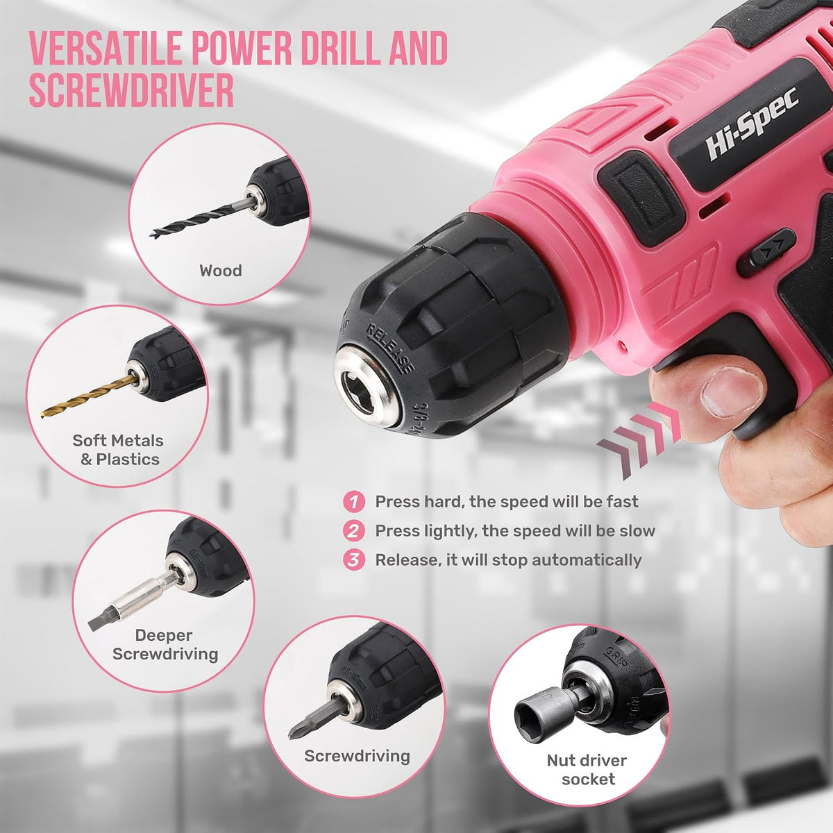 Hi-Spec 8V Cordless Drill Set & Starter Tool Kit for Women, Pink