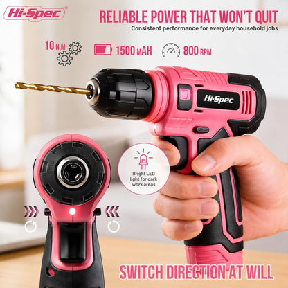 Hi-Spec 8V Cordless Drill Set & Starter Tool Kit for Women, Pink