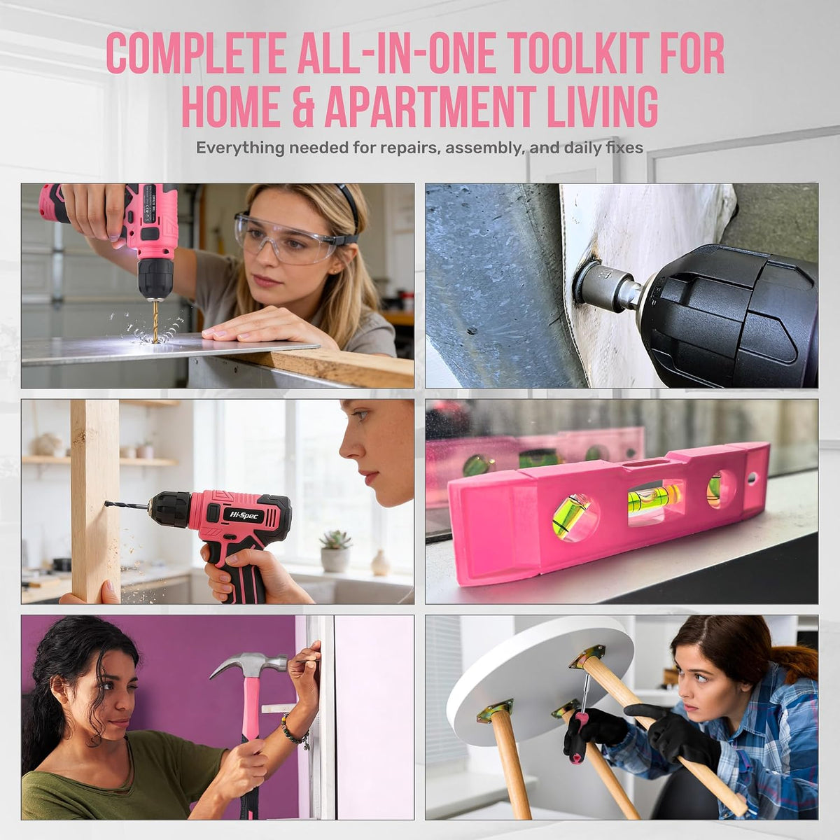 Hi-Spec 8V Cordless Drill Set & Starter Tool Kit for Women, Pink