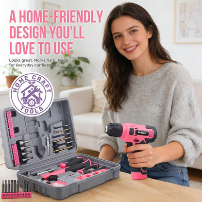 Hi-Spec 8V Cordless Drill Set & Starter Tool Kit for Women, Pink