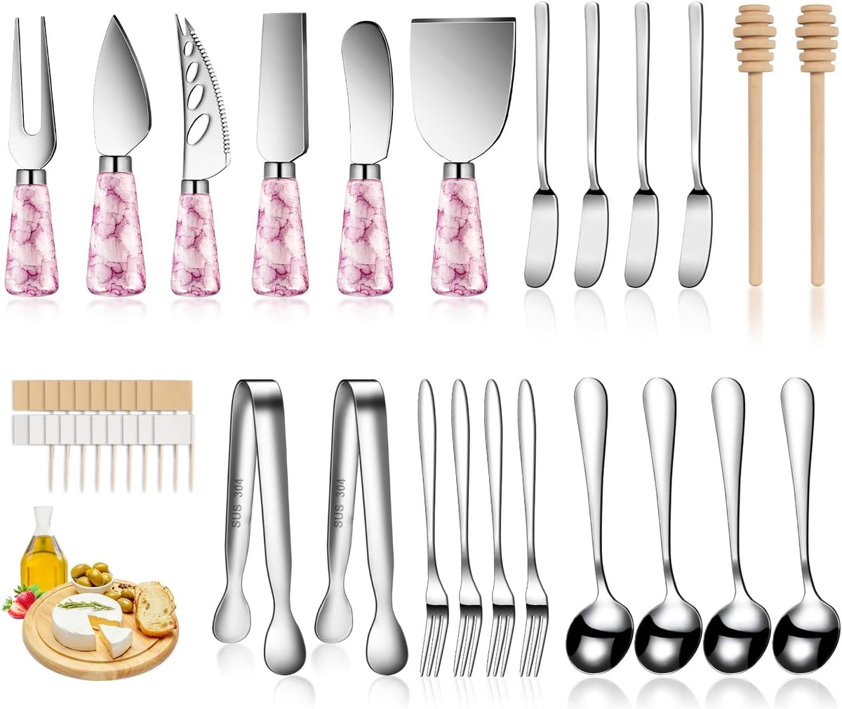 Marble Pink Cheese Knife Set, Ceramic Handle Charcuterie Board Accessories Butter Spreader Knife Slicer With Serving Tongs, Spoons, Forks, Flags, Wooden Honey Dipper
