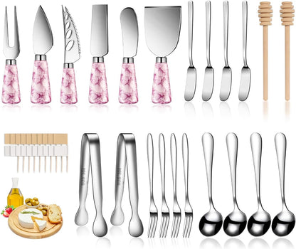 Marble Pink Cheese Knife Set, Ceramic Handle Charcuterie Board Accessories Butter Spreader Knife Slicer With Serving Tongs, Spoons, Forks, Flags, Wooden Honey Dipper