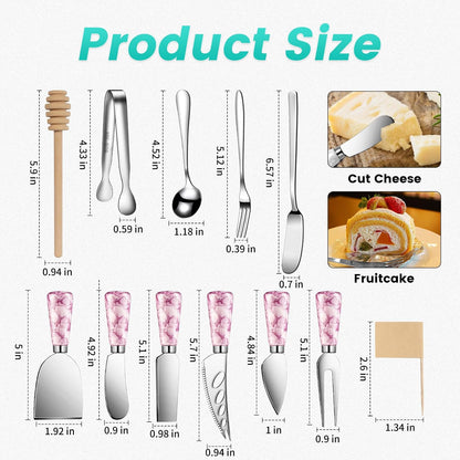 Marble Pink Cheese Knife Set, Ceramic Handle Charcuterie Board Accessories Butter Spreader Knife Slicer With Serving Tongs, Spoons, Forks, Flags, Wooden Honey Dipper