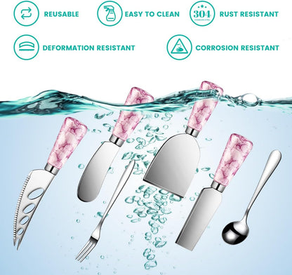 Marble Pink Cheese Knife Set, Ceramic Handle Charcuterie Board Accessories Butter Spreader Knife Slicer With Serving Tongs, Spoons, Forks, Flags, Wooden Honey Dipper