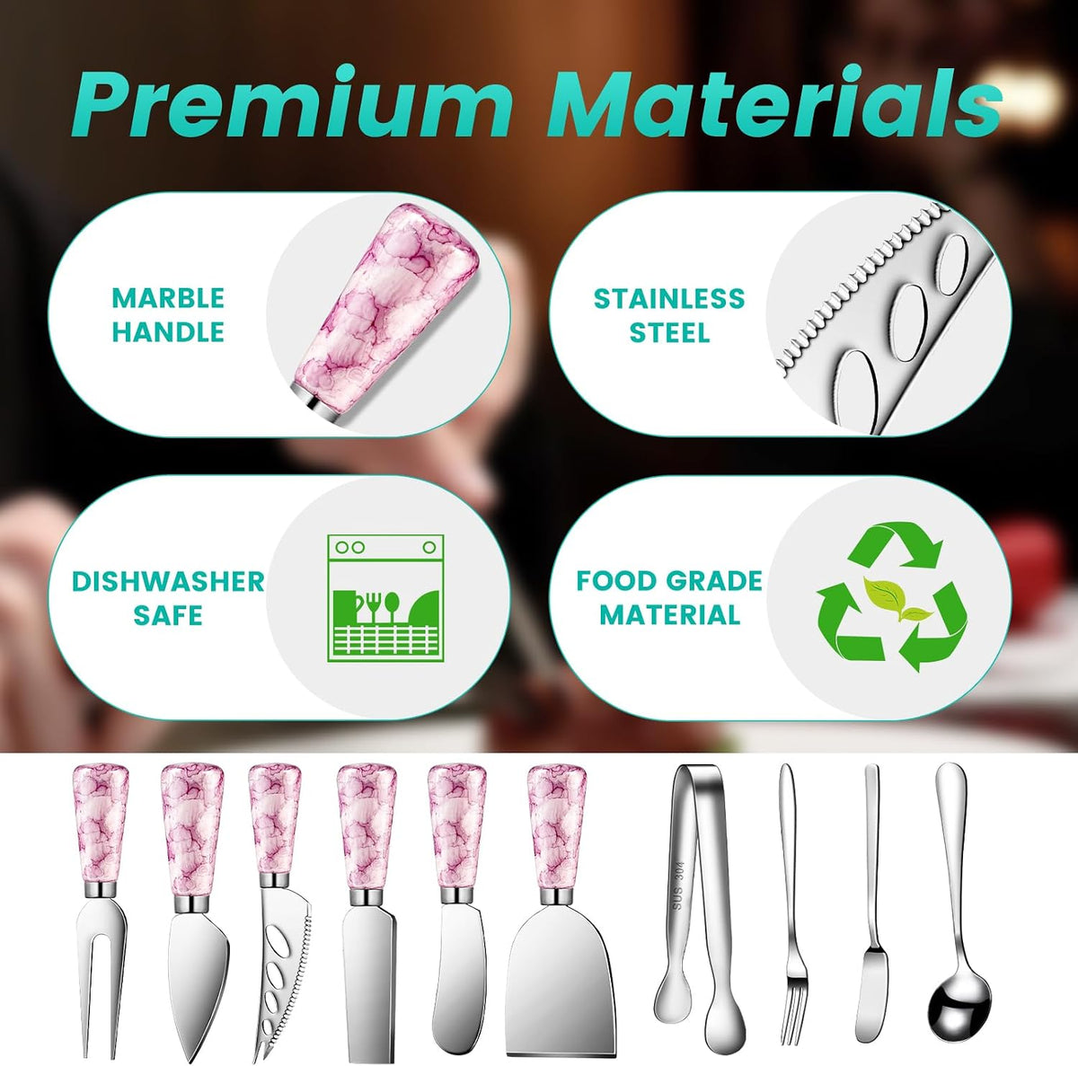 Marble Pink Cheese Knife Set, Ceramic Handle Charcuterie Board Accessories Butter Spreader Knife Slicer With Serving Tongs, Spoons, Forks, Flags, Wooden Honey Dipper